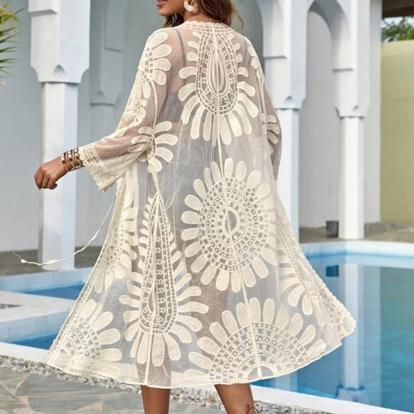 Boho Sheer Embroidered Tie Front Kimono - Picture 2 of 11